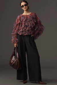 Dolan Left Coast Ruffle Plaid Crew-Neck Blouse
