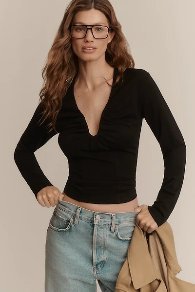 Dolan Ruched V-Neck Long-Sleeve Top