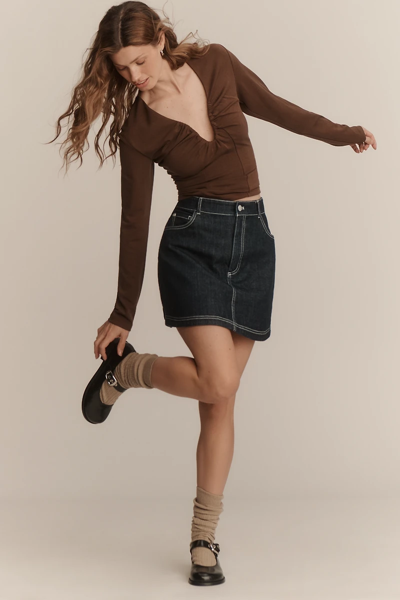 Dolan Ruched V-Neck Long-Sleeve Top