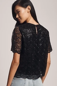 Blue Tassel Short-Sleeve Shimmered Lace Top