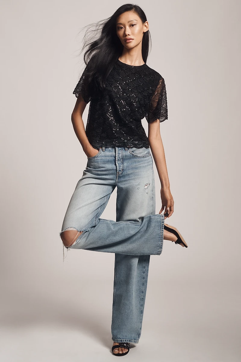 Blue Tassel Short-Sleeve Shimmered Lace Top