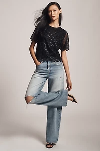 Blue Tassel Short-Sleeve Shimmered Lace Top