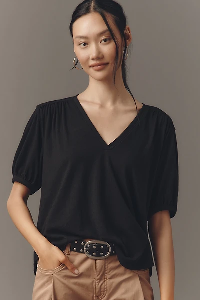 Nation Los Angeles Edie Shirred Elbow-Sleeve V-Neck Tee