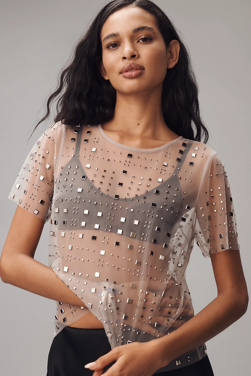 Sunday Brooklyn Sheer Mesh Embellished Short-Sleeve Top