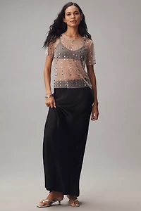 Sunday Brooklyn Sheer Mesh Embellished Short-Sleeve Top