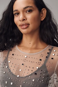 Sunday Brooklyn Sheer Mesh Embellished Short-Sleeve Top