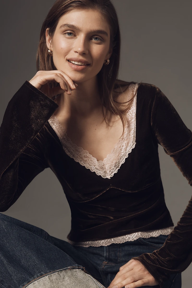 By Anthropologie Velvet Lace V-Neck Top