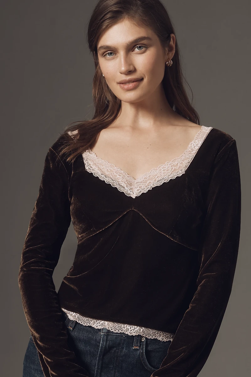 By Anthropologie Velvet Lace V-Neck Top