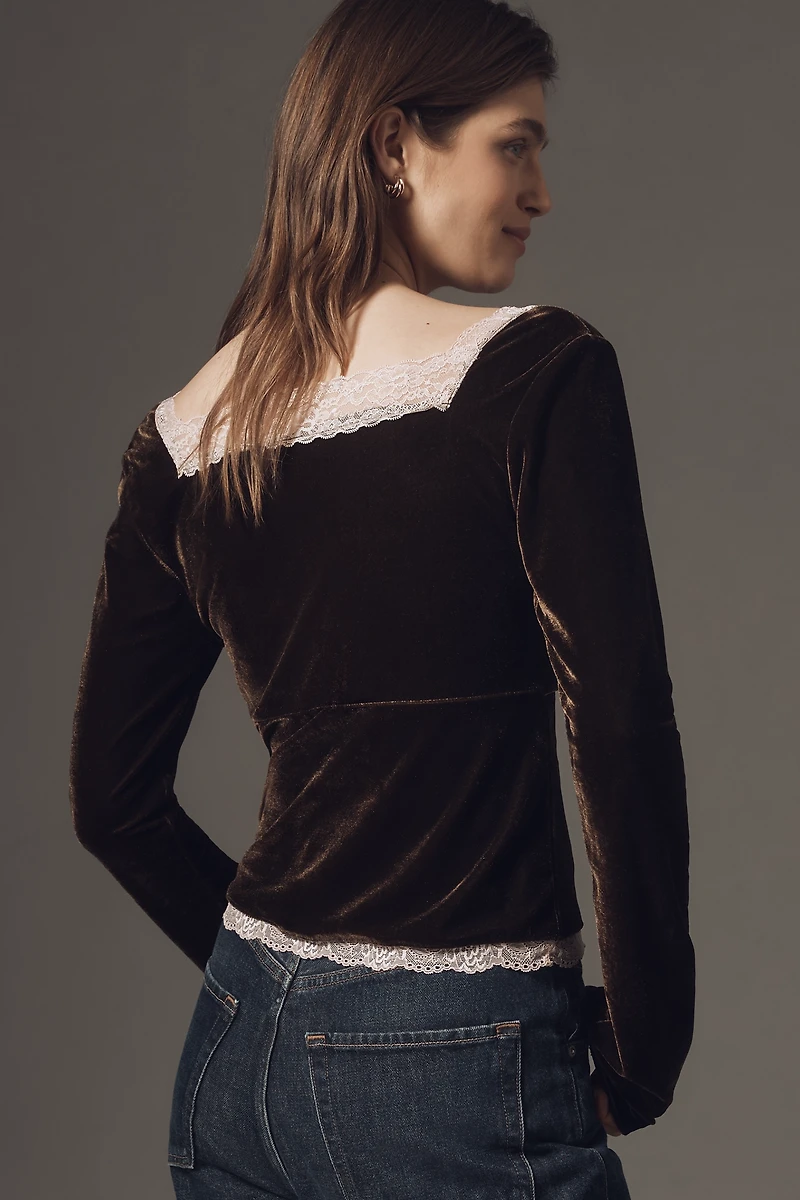 By Anthropologie Velvet Lace V-Neck Top