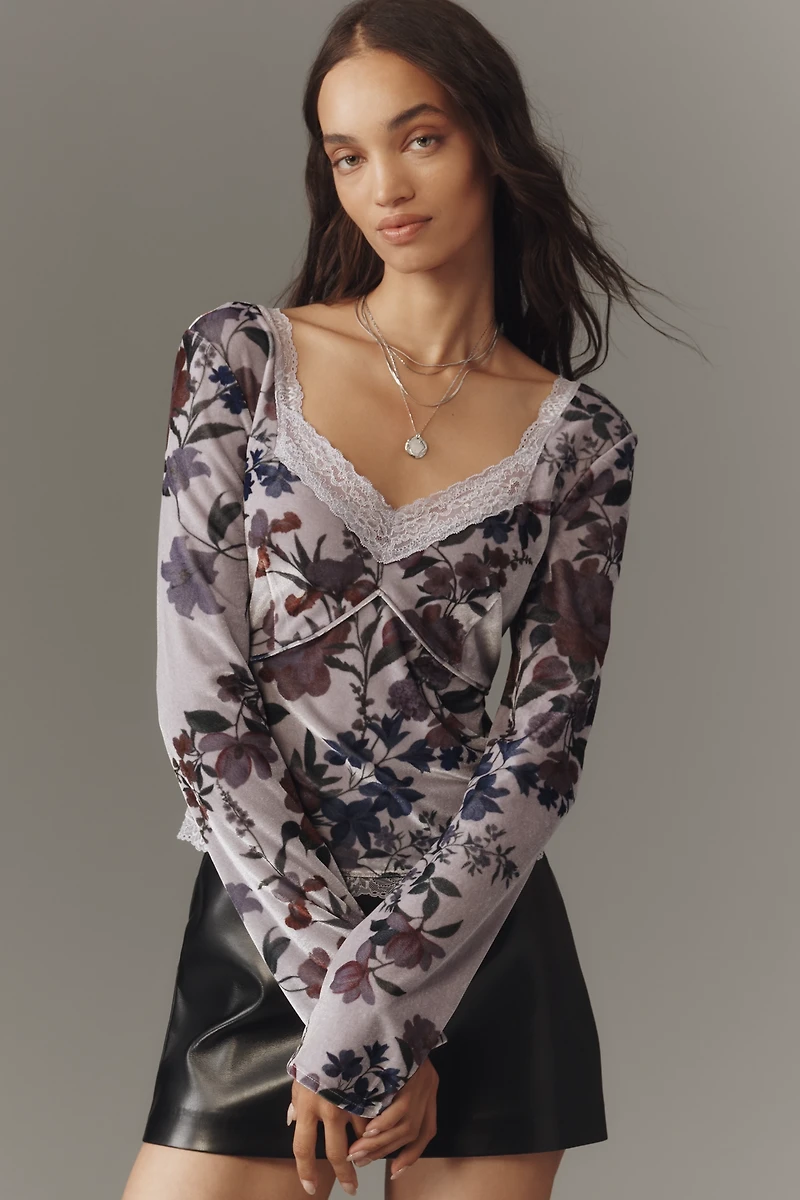 By Anthropologie Velvet Lace V-Neck Top