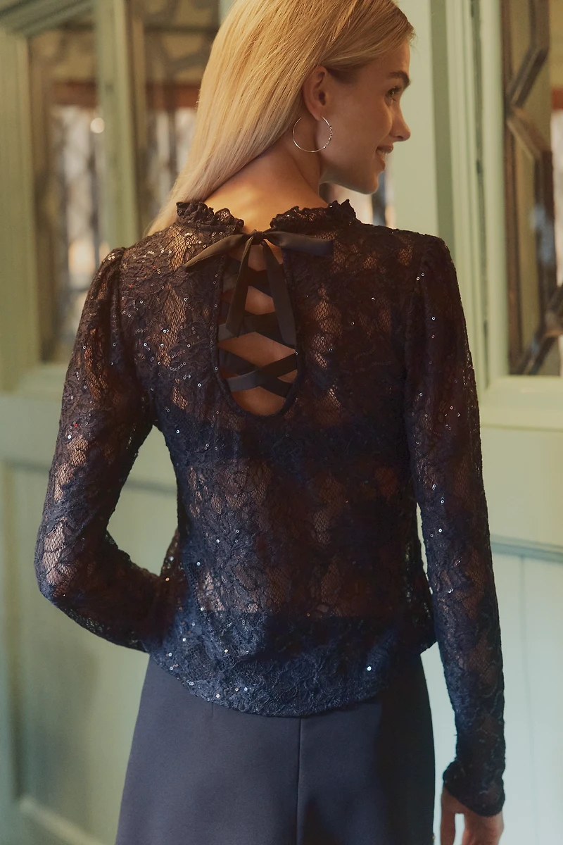 By Anthropologie Tie-Back Lace Mock-Neck Top