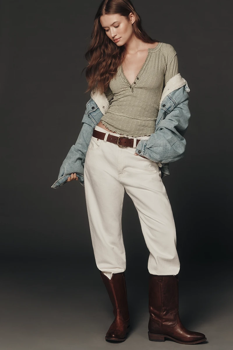 Pilcro Long-Sleeve Ruffled Lace-Trim Henley Top