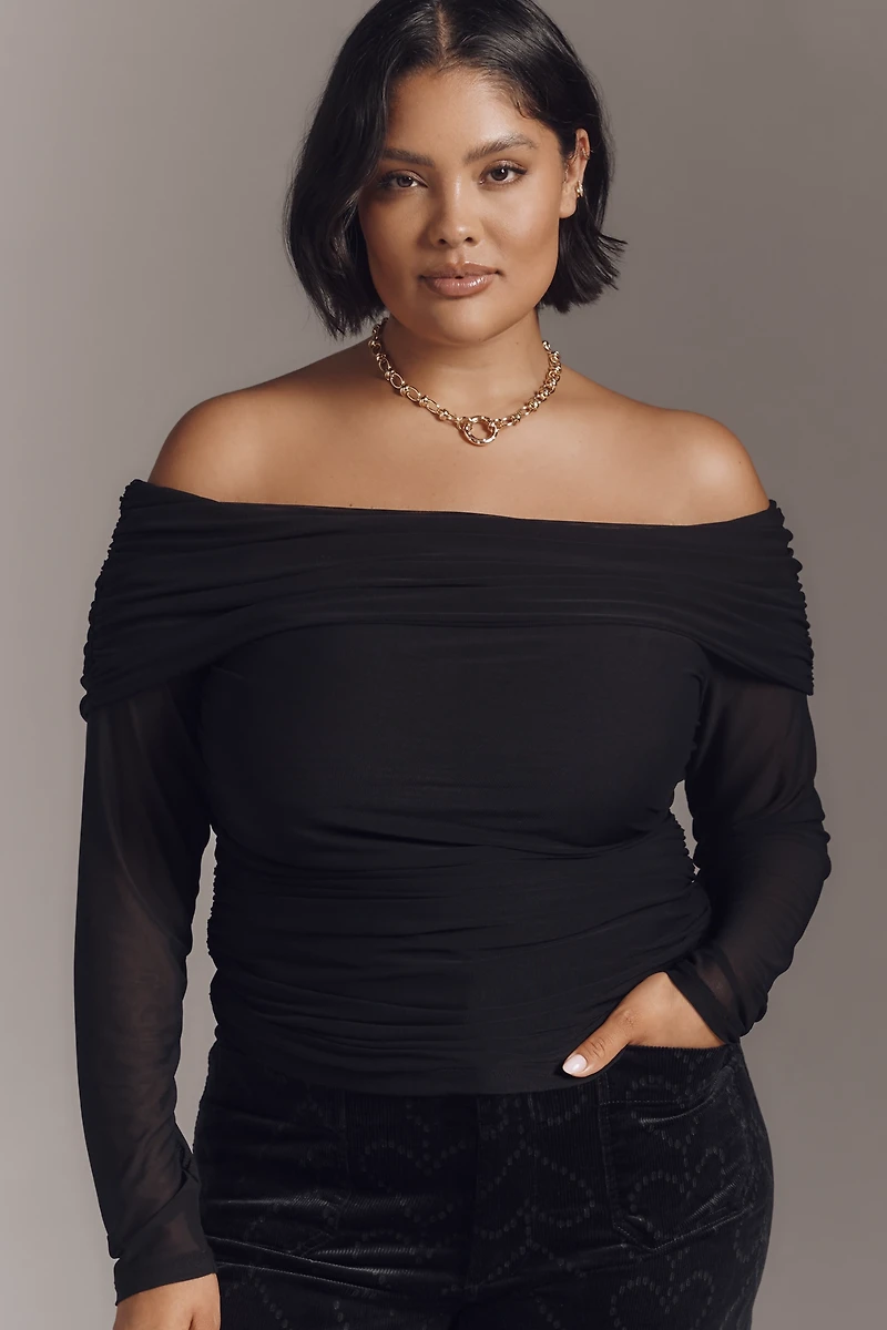 Maeve Long-Sleeve Off-Shoulder Sheer Top
