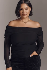 Maeve Long-Sleeve Off-Shoulder Sheer Top