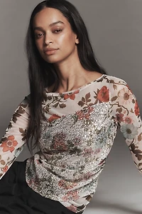 Maeve Printed Mesh Long-Sleeve Top