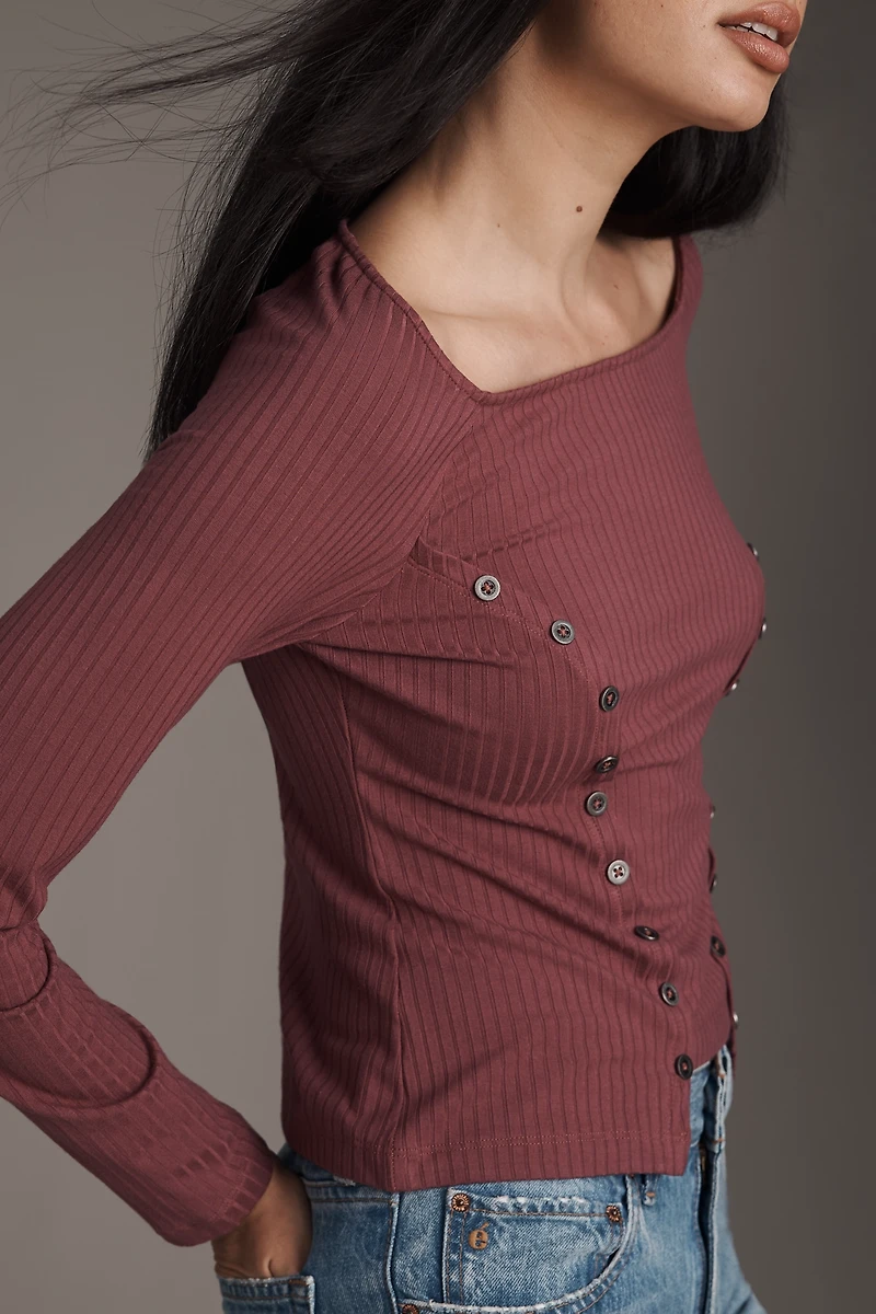 By Anthropologie Buttoned Boatneck Thermal Top