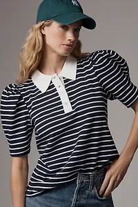 English Factory Puff-Sleeve Striped Polo Top