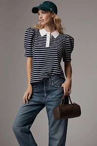 English Factory Puff-Sleeve Striped Polo Top