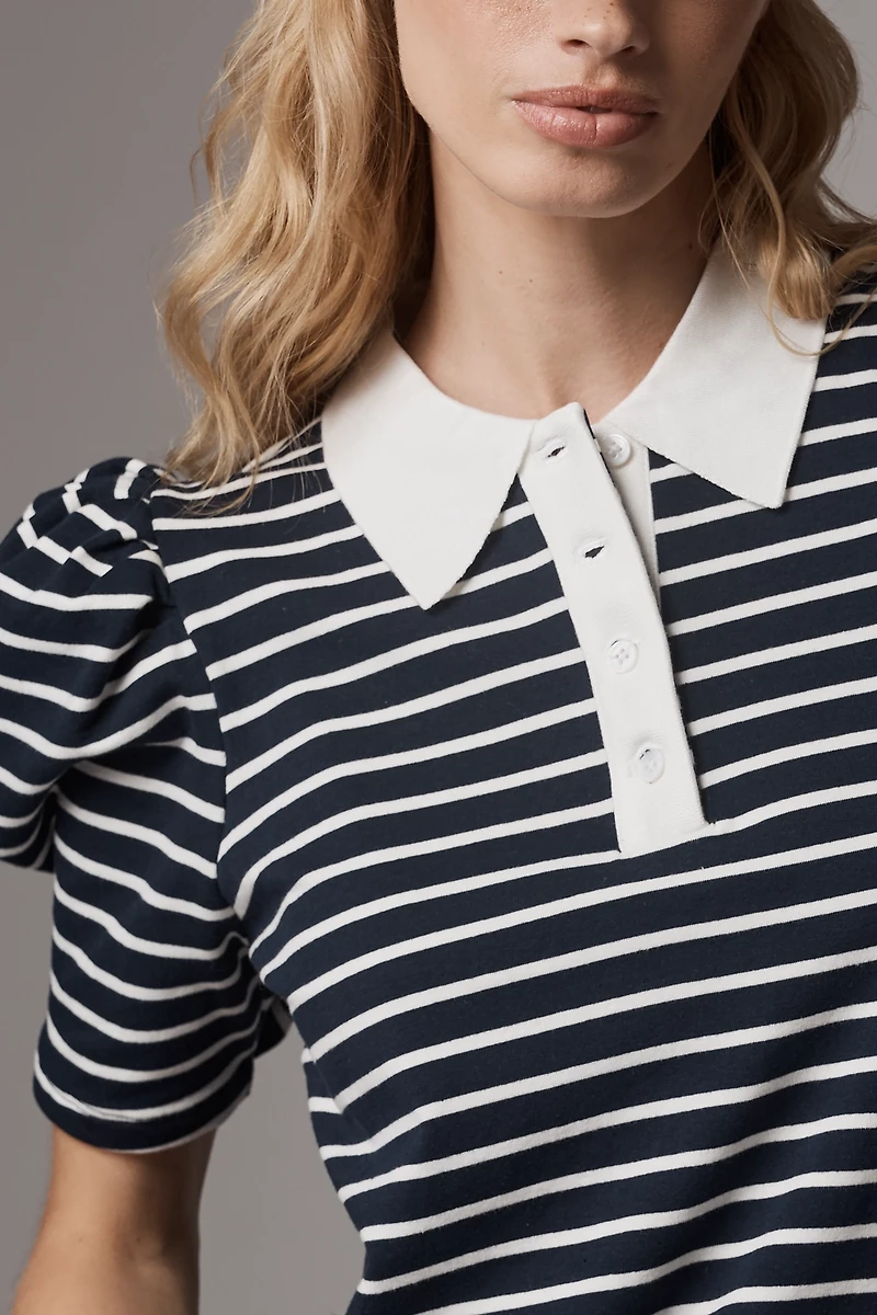 English Factory Puff-Sleeve Striped Polo Top