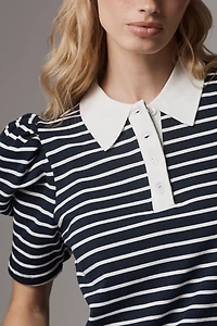 English Factory Puff-Sleeve Striped Polo Top