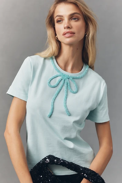 English Factory Beaded Bow Cotton T-Shirt