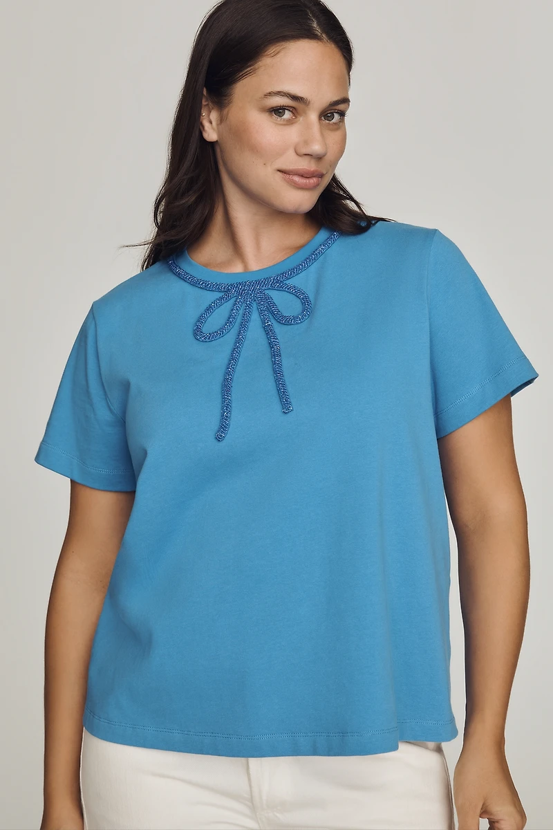 English Factory 100% Cotton Beaded-Bow Tee