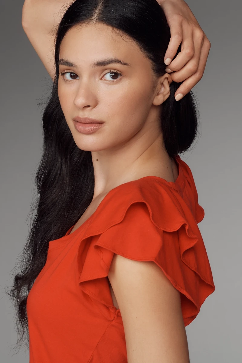 Maeve Scoop-Neck Flounce-Sleeve Tee