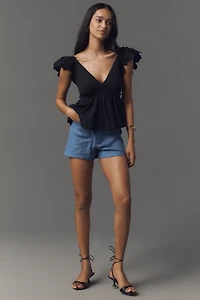 By Anthropologie Cotton Flutter-Sleeve V-Neck Babydoll Top