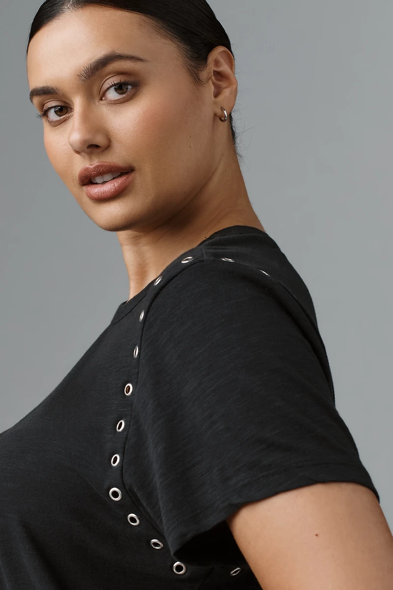 The Bennie Cotton Slub Crew-Neck Grommet Tee by Pilcro