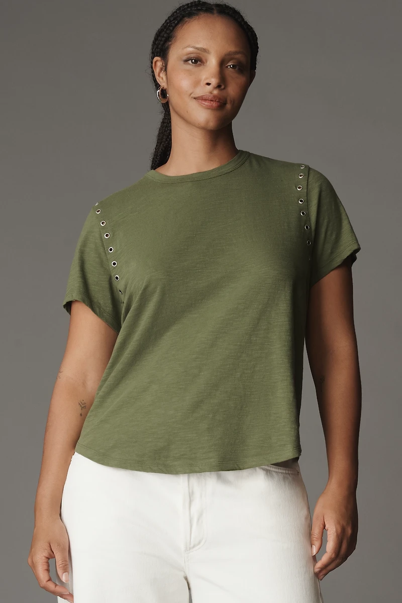 The Bennie Cotton Slub Crew-Neck Grommet Tee by Pilcro