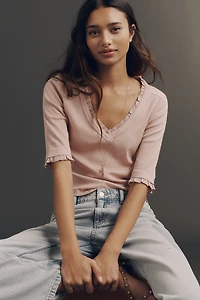 Pilcro Ruffled V-Neck Half-Sleeve T-Shirt