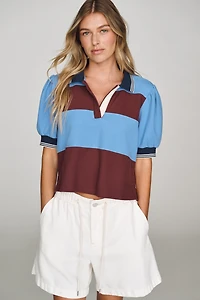 Maeve Color-Block Puff-Sleeve Cotton Rugby Top
