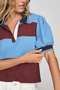 Maeve Color-Block Puff-Sleeve Cotton Rugby Top