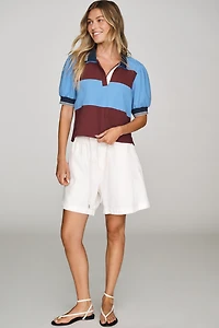 Maeve Color-Block Puff-Sleeve Cotton Rugby Top