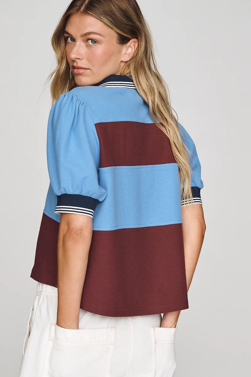 Maeve Color-Block Puff-Sleeve Cotton Rugby Top