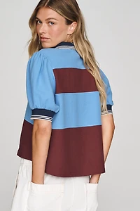 Maeve Color-Block Puff-Sleeve Cotton Rugby Top
