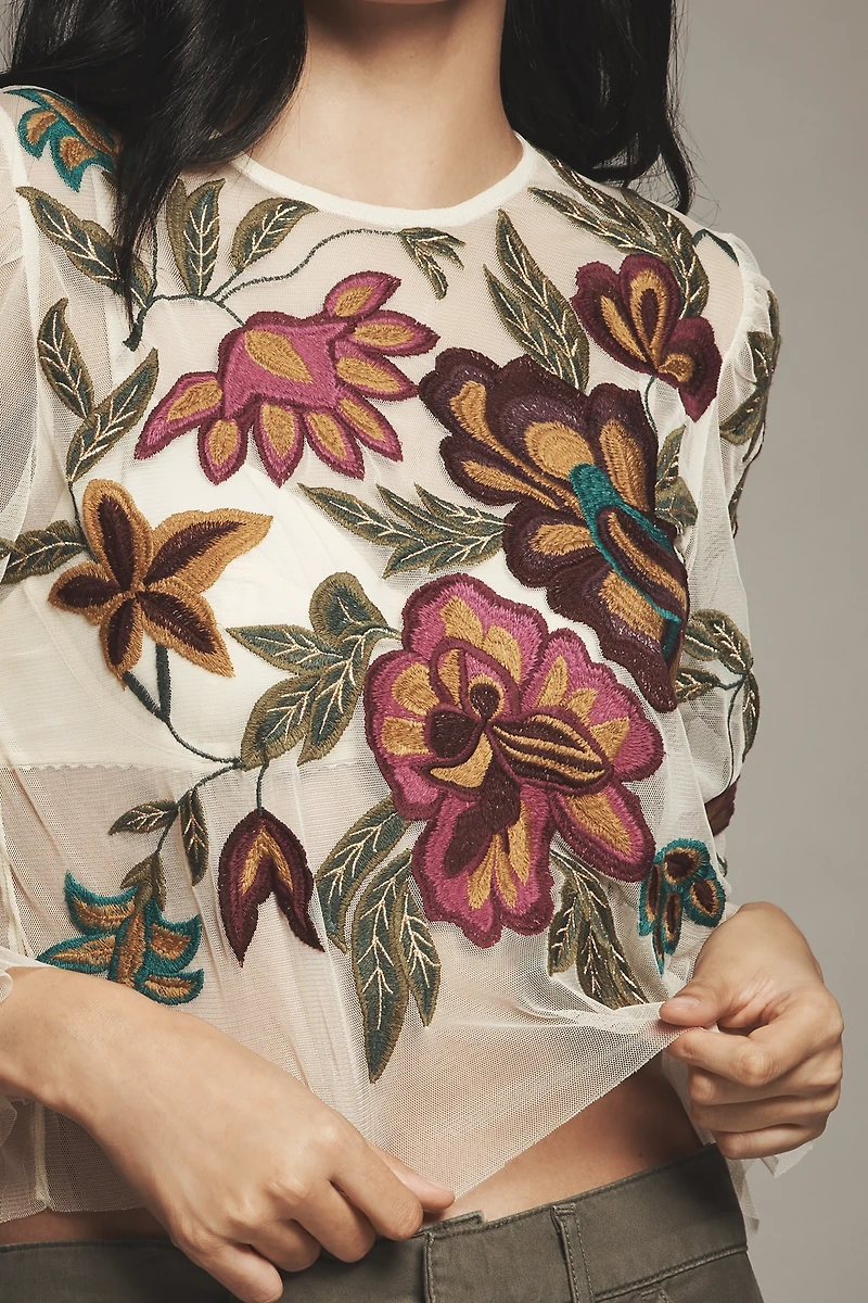 The Layla Long-Sleeve Appliqué Mesh Blouse