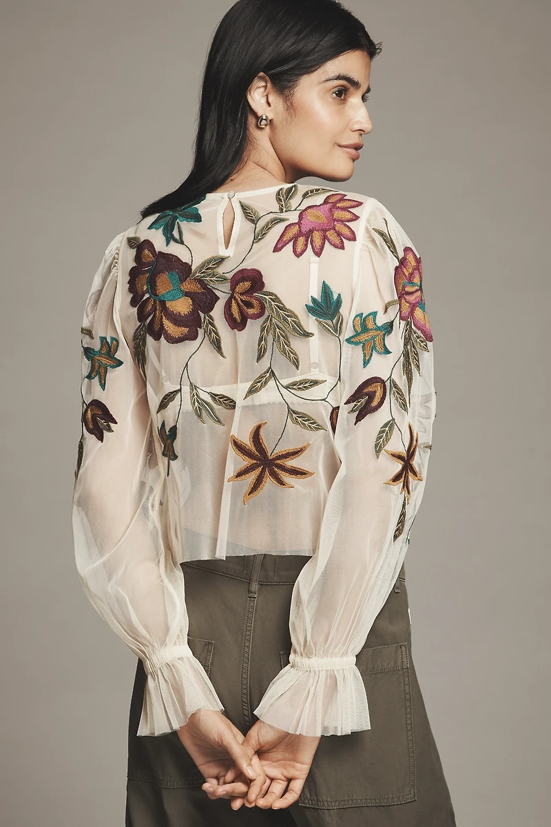 The Layla Long-Sleeve Appliqué Mesh Blouse