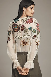 The Layla Long-Sleeve Appliqué Mesh Blouse