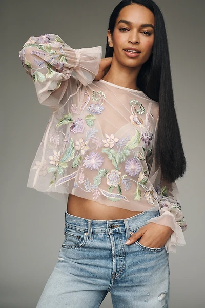 By Anthropologie Long-Sleeve Embroidered Mesh Top