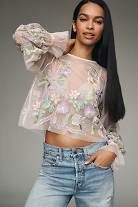 By Anthropologie Long-Sleeve Embroidered Mesh Top