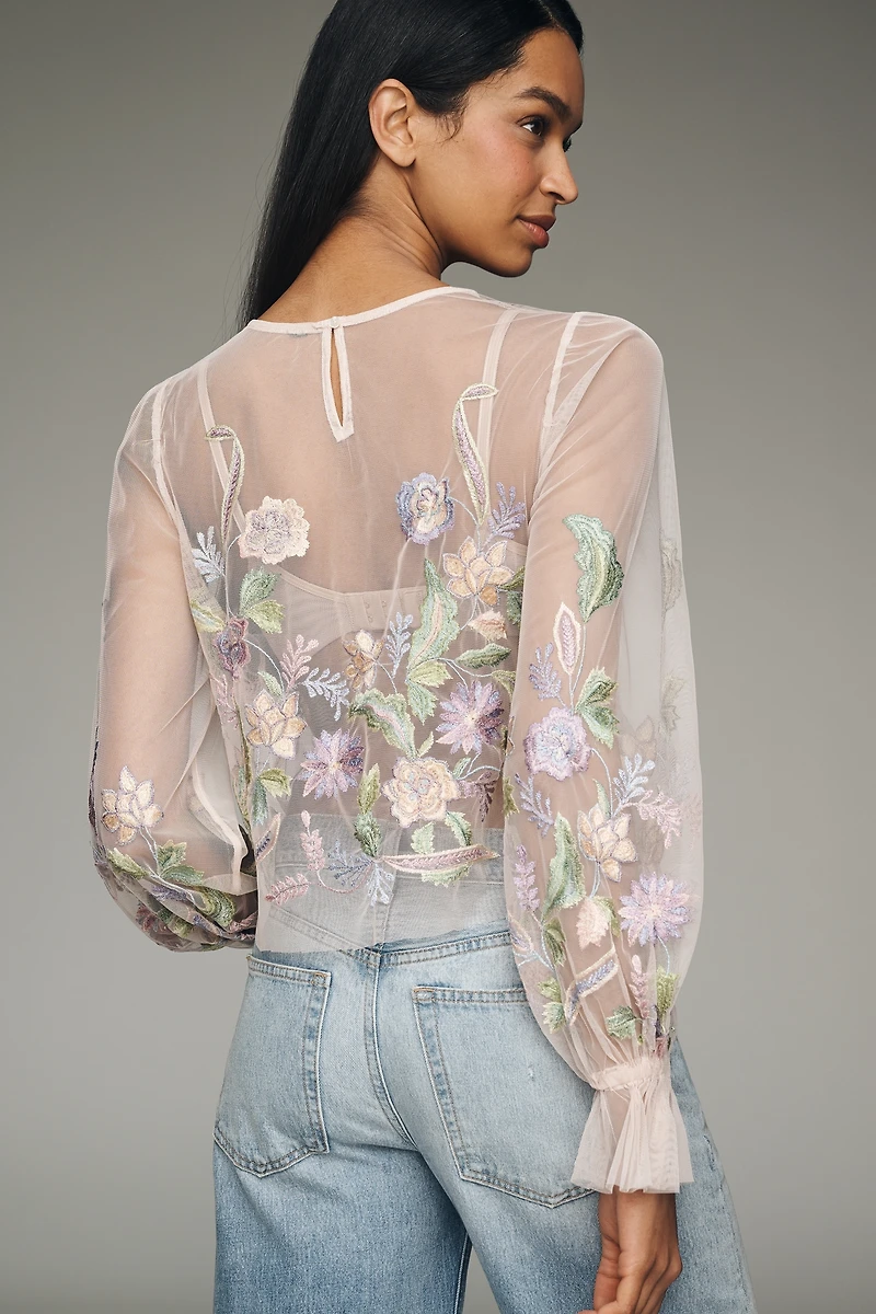 By Anthropologie Long-Sleeve Embroidered Mesh Top