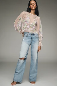 By Anthropologie Long-Sleeve Embroidered Mesh Top