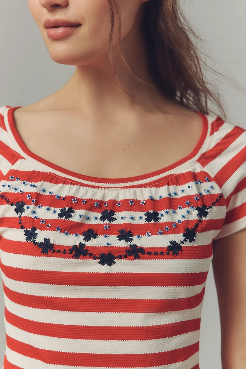 Maeve Embroidered Flowers Scoop-Neck Tee