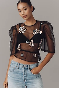 By Anthropologie Embellished Sheer Mesh Top