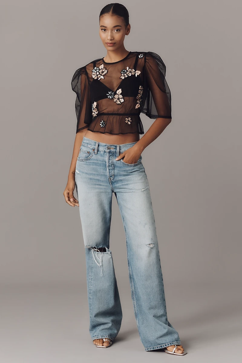 By Anthropologie Embellished Sheer Mesh Top