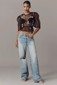By Anthropologie Embellished Sheer Mesh Top