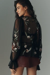 By Anthropologie Long-Sleeve Mesh Babydoll Top