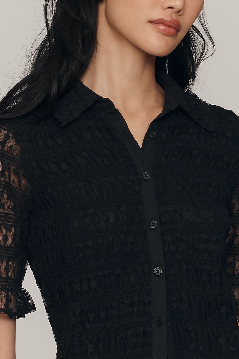 Maeve Ruched Sheer Buttondown Shirt