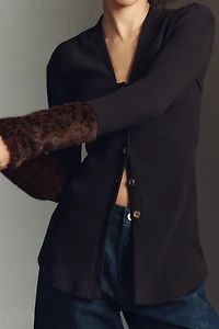 Maeve Faux Fur Cuff Button-Front Knit Top